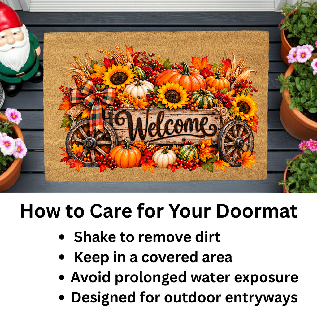 Harvest Wagon Welcome Doormat, Fall Coir Door Mat, Pumpkin Sunflower Welcome Mat, Autumn Farmhouse Porch Decor, Thanksgiving Doormat