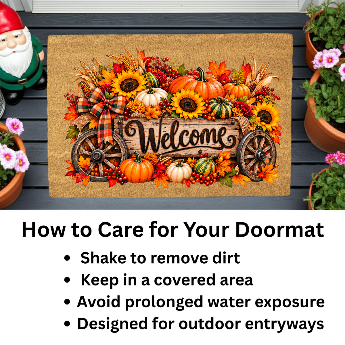 Harvest Wagon Welcome Doormat, Fall Coir Door Mat, Pumpkin Sunflower Welcome Mat, Autumn Farmhouse Porch Decor, Thanksgiving Doormat