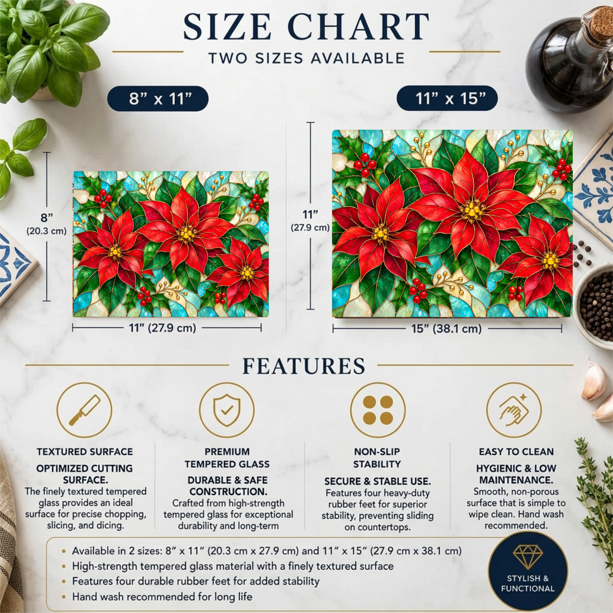 Christmas Poinsettia Glass Cutting Board, Holiday Holly Berry Kitchen Decor, Festive Red Floral Chopping Board, Seasonal Gift Idea