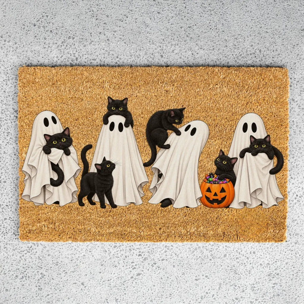 Halloween Black Cat Doormat, Cute Ghost Welcome Mat, Funny Cat Halloween Decor, Spooky Fall Porch Decor, Cat Lover Gift, Coir Door Mat
