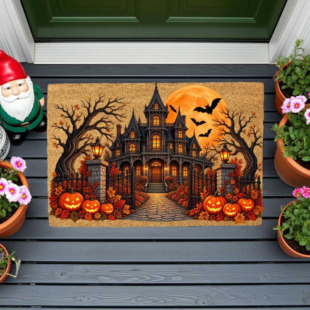 Haunted House Halloween Doormat, Gothic Mansion Coir Welcome Mat, Spooky Fall Porch Decor, Pumpkin Front Door Mat, Halloween Entryway