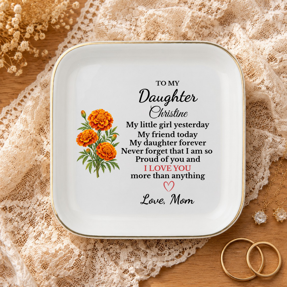 Personalized Daughter Birth Flower Jewelry Dish, Custom Name Trinket Tray, Sentimental Gift from Mom, Birthday Gift for Adult Daughter