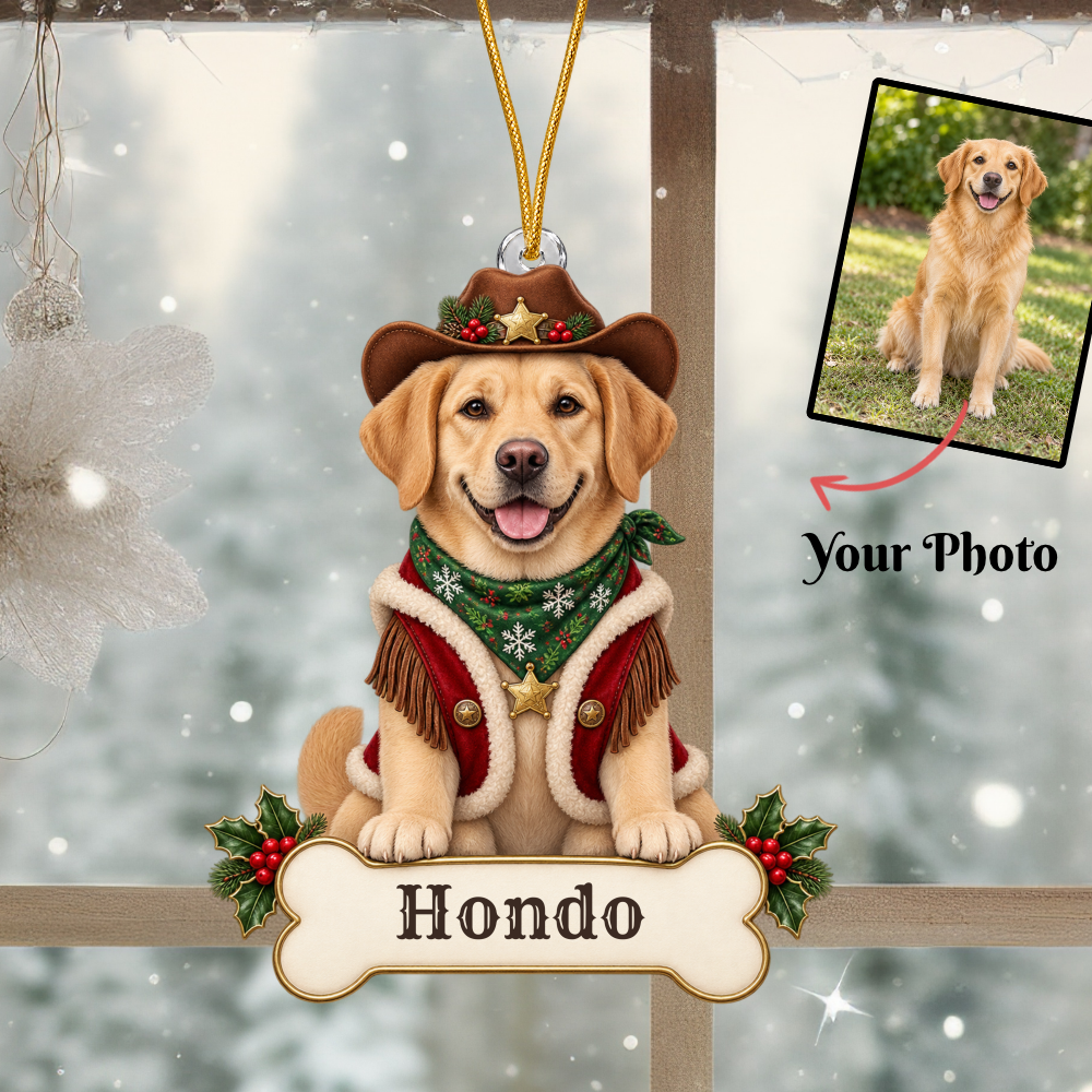 Personalized Cowboy Dog Christmas Ornament from Photo, Custom Pet Portrait Acrylic Cutout, Western Christmas Decor, Dog Lover Gift
