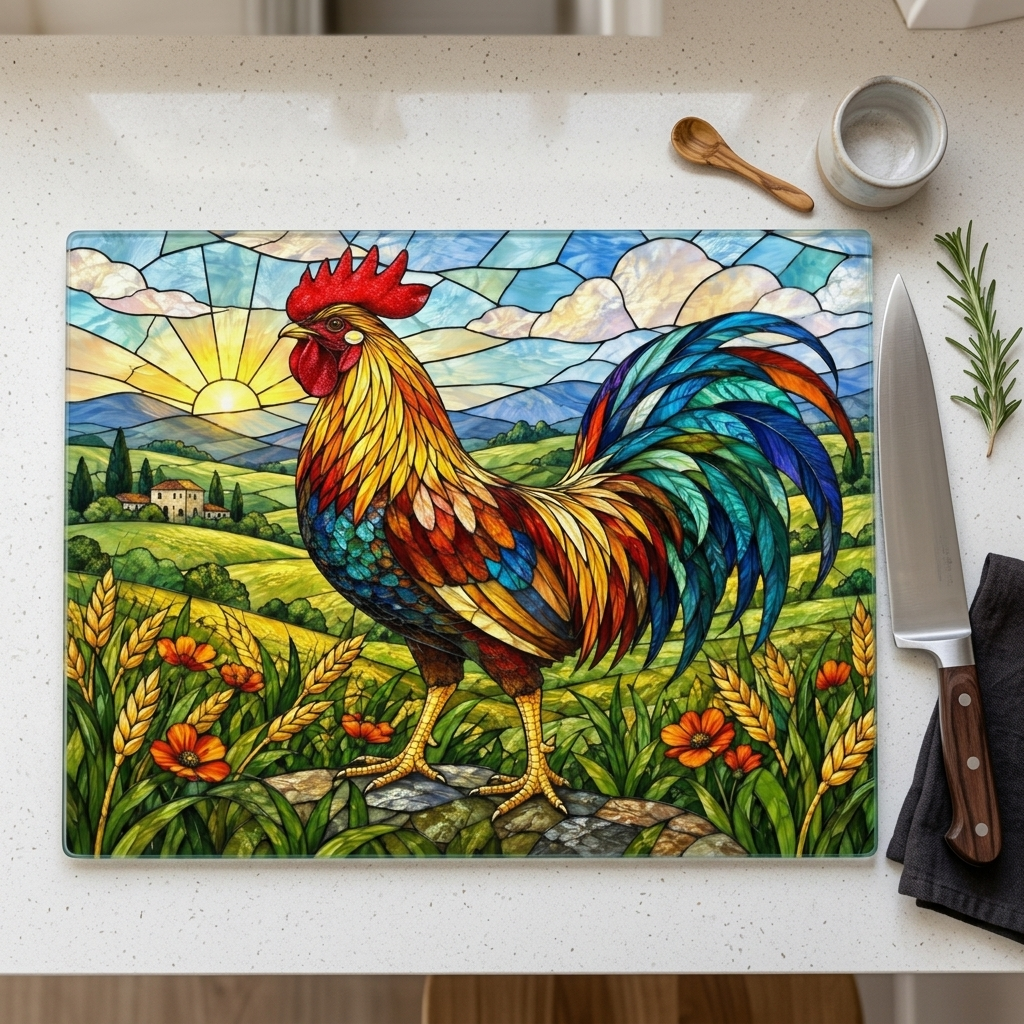 Rooster Glass Cutting Board, Colorful Farmhouse Kitchen Decor, Stained Glass Rooster Art, Country Kitchen Gift, Rustic Farm Decor