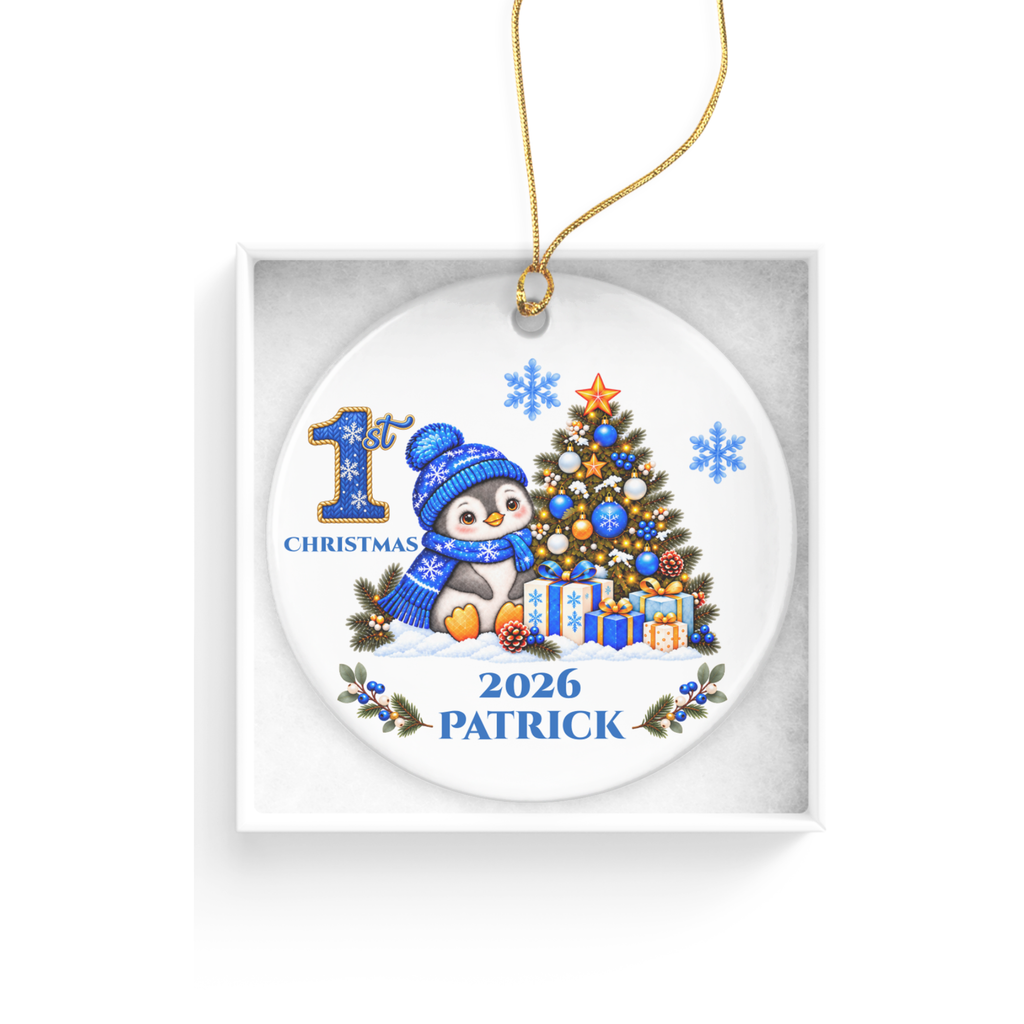 Penguin Baby Personalized Christmas Ornament, Baby's 1st 2nd 3rd Christmas, Custom Name Year Ceramic Keepsake, Boy or Girl Gift