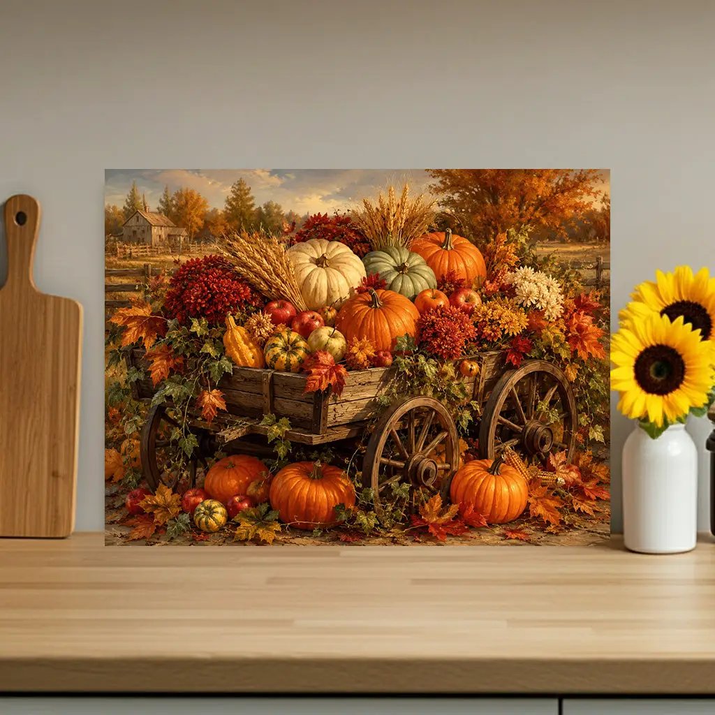 Fall Harvest Wagon Glass Cutting Board, Rustic Farmhouse Kitchen Decor, Pumpkin Cutting Board, Thanksgiving Gift