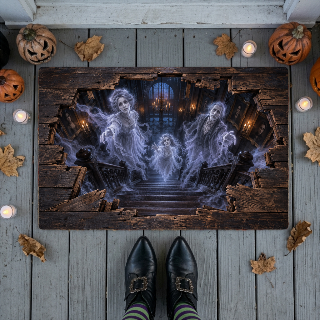 Victorian Ghost 3D Optical Illusion Doormat, Haunted Staircase Floor Mat, Gothic Haunted House Door Mat, Halloween Decor