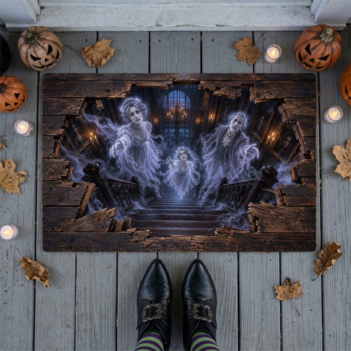 Victorian Ghost 3D Optical Illusion Doormat, Haunted Staircase Floor Mat, Gothic Haunted House Door Mat, Halloween Decor