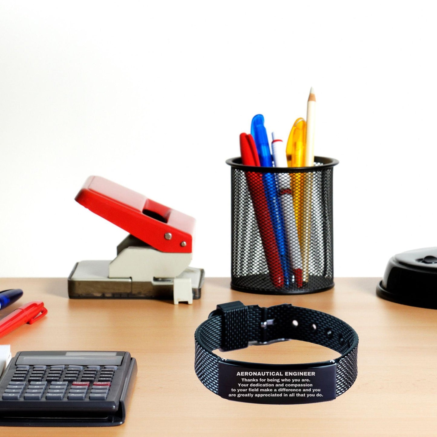 Aeronautical Engineer Black Shark Mesh Stainless Steel Engraved Bracelet - Thanks for being who you are - Birthday Christmas Jewelry Gifts Coworkers Colleague Boss - Mallard Moon Gift Shop