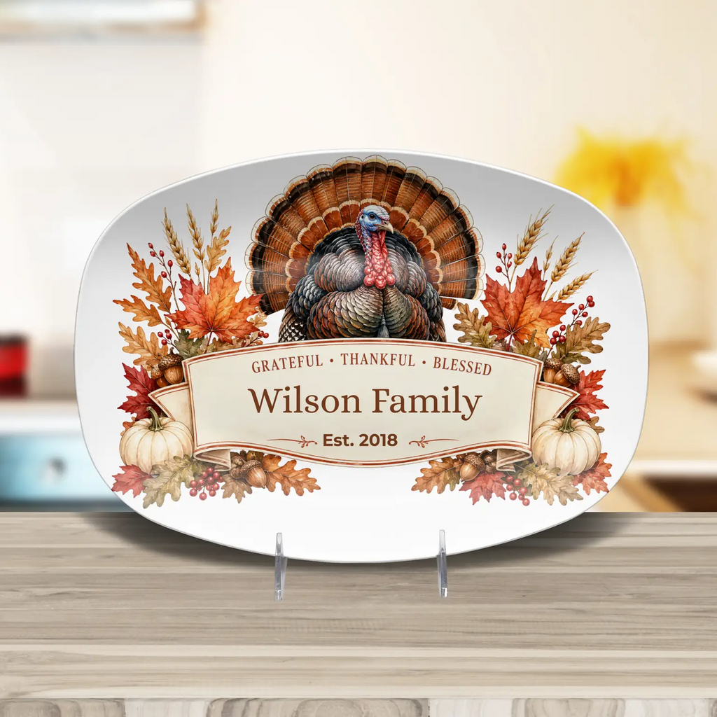 Personalized Thanksgiving Platter with Turkey, Custom Family Name Serving Platter, Grateful Thankful Blessed, Thanksgiving Hostess Gift