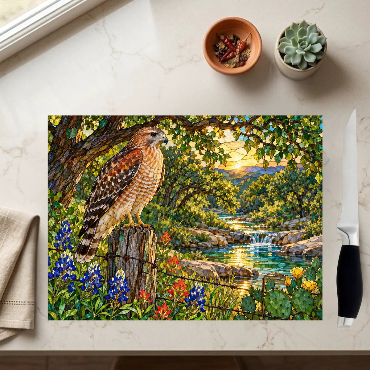 Red-Shouldered Hawk Glass Cutting Board, Bird Lover Kitchen Decor, Wildlife Art Chopping Board, Nature-Inspired Hostess Gift for Birdwatcher