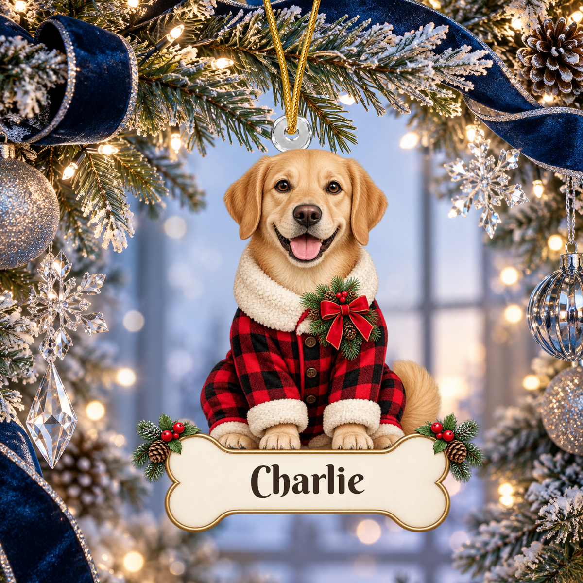 Personalized Dog Buffalo Plaid Pajamas Christmas Ornament from Photo, Custom Pet Portrait Acrylic Ornament, Rustic Holiday Dog Lover Gift