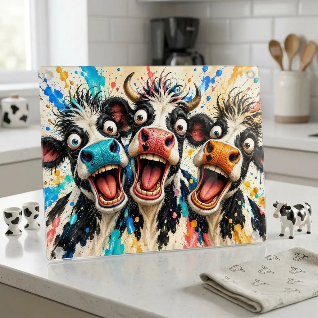 Funny Screaming Cow Glass Cutting Board, Colorful Cow Kitchen Decor, Cow Lover Gift, Funny Farmhouse Gift