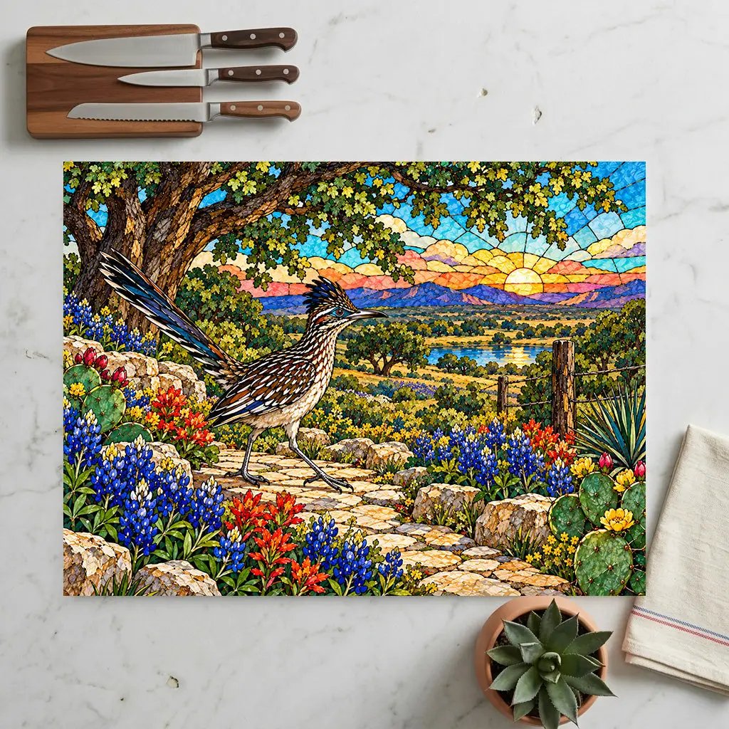 Texas Roadrunner Glass Cutting Board, Bluebonnet Kitchen Decor, Texas Wildflower Gift, Southwestern Kitchen Decor, Stained Glass Style