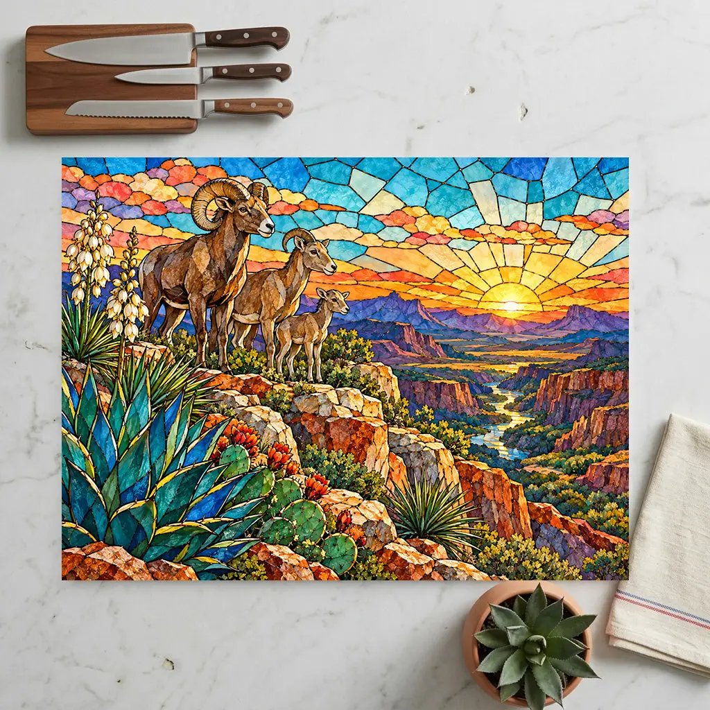 Bighorn Sheep Glass Cutting Board, Texas Wildlife Kitchen Decor, Stained Glass Desert Landscape, Southwestern Cutting Board, Wildlife Gift