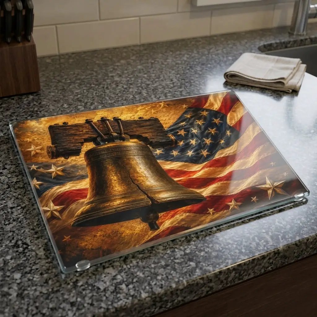 Liberty Bell Cutting Board, American Flag Glass Cutting Board, Patriotic Kitchen Decor, Americana Gift, USA Freedom Decor