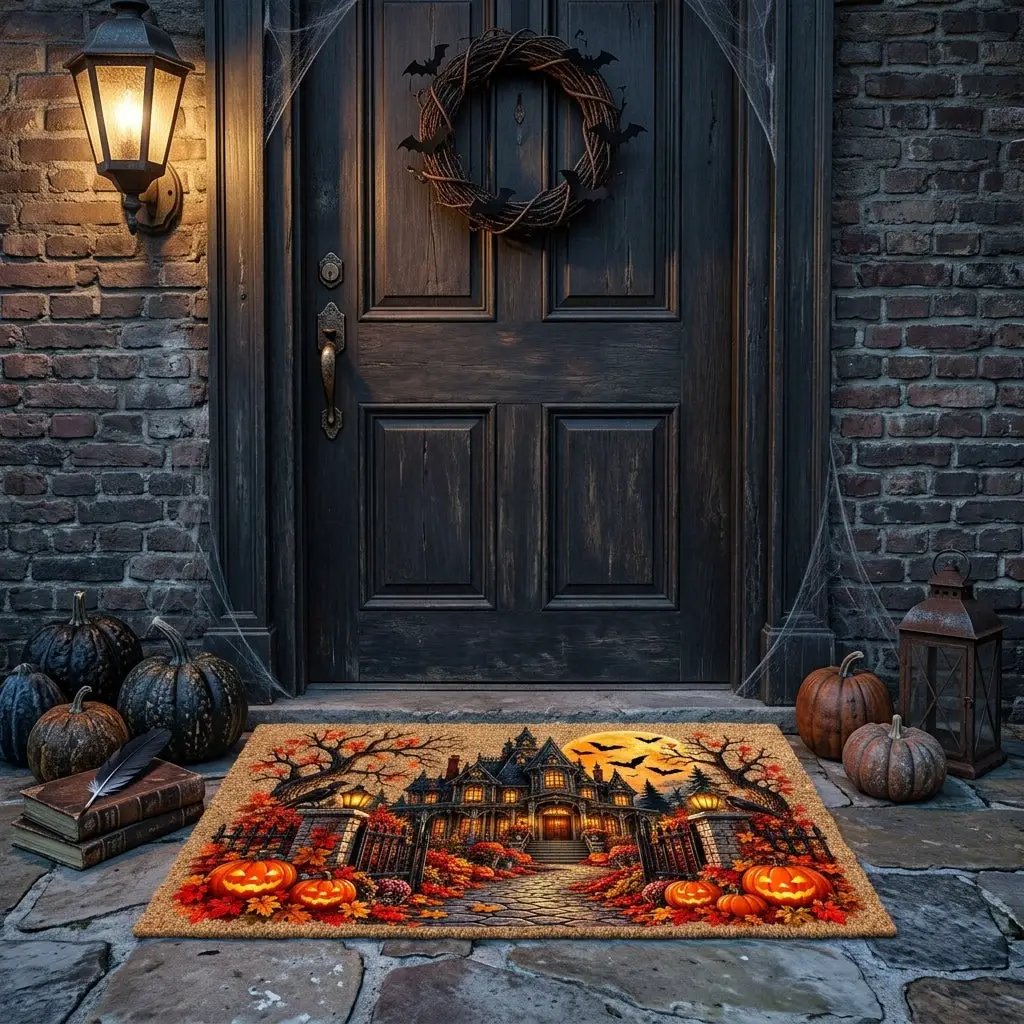 Spooky Mansion Doormat, Haunted House Halloween Welcome Mat, Raven & Pumpkin Coir Doormat, Gothic Fall Porch Decor, Halloween Door Mat