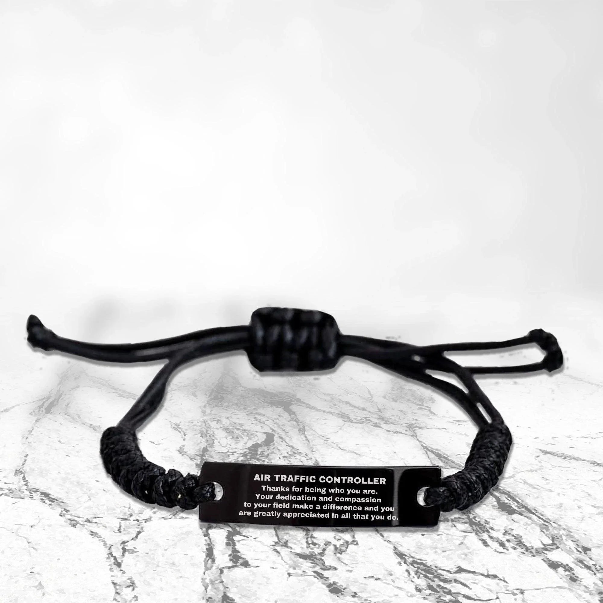 Air Traffic Controller Black Braided Leather Rope Engraved Bracelet - Thanks for being who you are - Birthday Christmas Jewelry Gifts Coworkers Colleague Boss