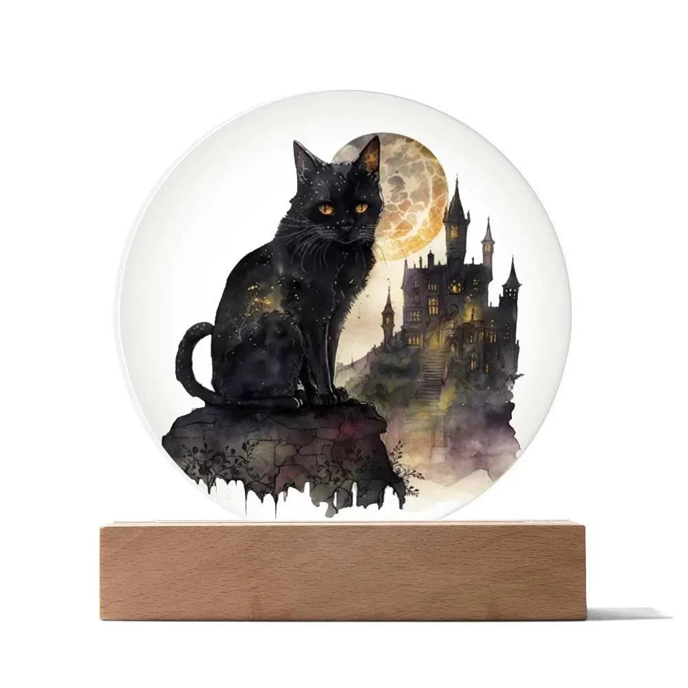 All Hallow's Black Cat Silhouette Acrylic Plaque Halloween Decor with Lighted LED Wooden Base