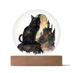 All Hallow's Black Cat Silhouette Acrylic Plaque Halloween Decor with Lighted LED Wooden Base