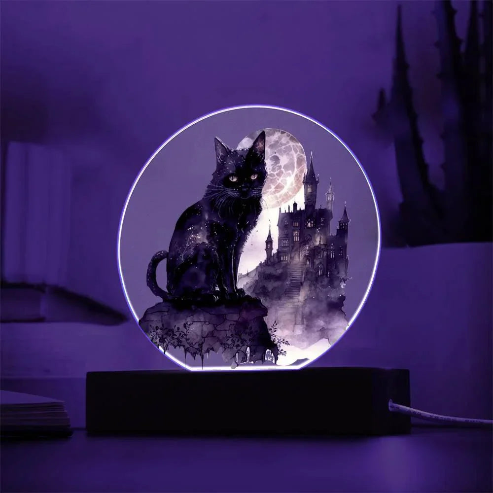 All Hallow's Black Cat Silhouette Acrylic Plaque Halloween Decor with Lighted LED Wooden Base