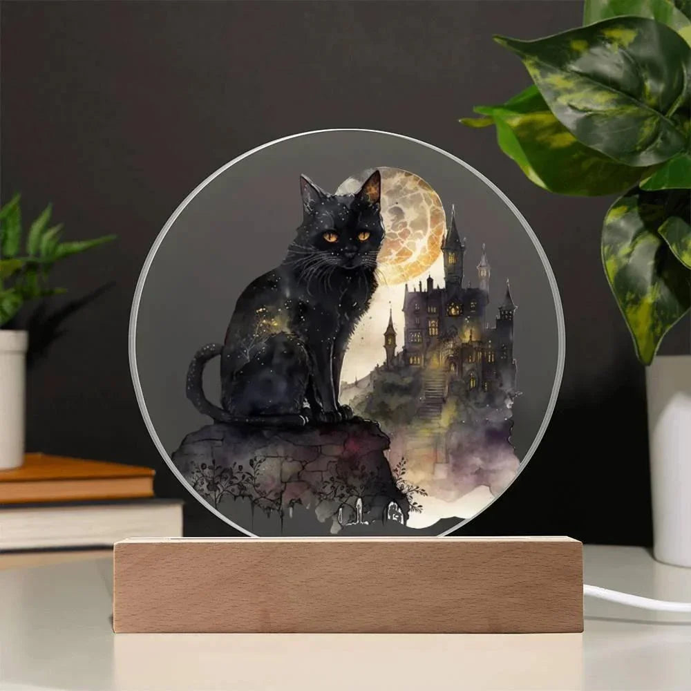 All Hallow's Black Cat Silhouette Acrylic Plaque Halloween Decor with Lighted LED Wooden Base