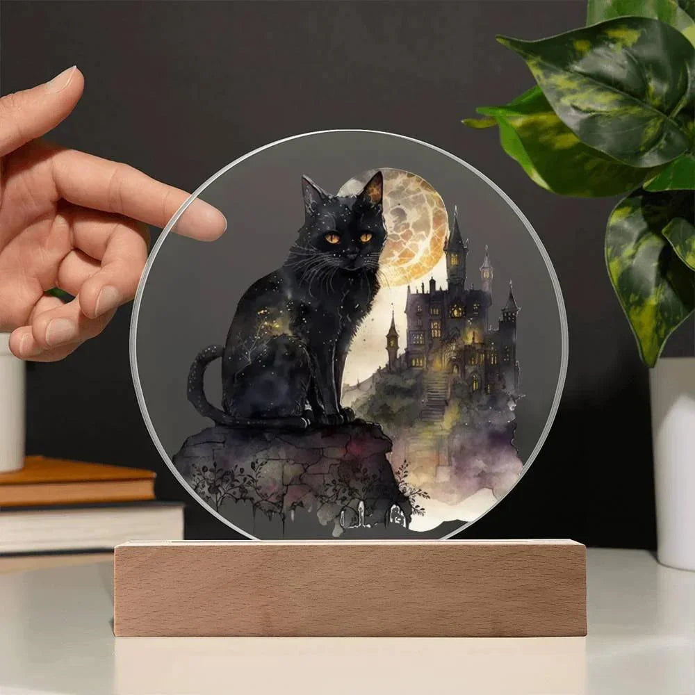 All Hallow's Black Cat Silhouette Acrylic Plaque Halloween Decor with Lighted LED Wooden Base