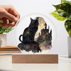 All Hallow's Black Cat Silhouette Acrylic Plaque Halloween Decor with Lighted LED Wooden Base