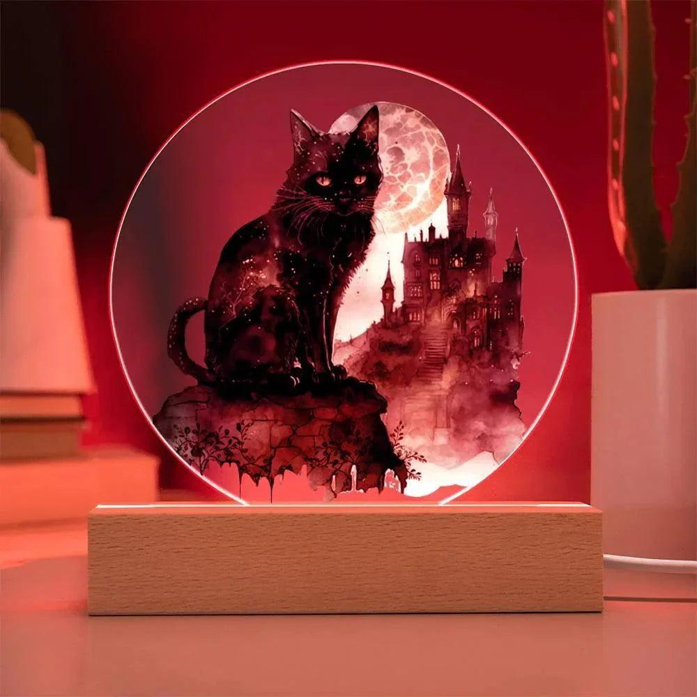 All Hallow's Black Cat Silhouette Acrylic Plaque Halloween Decor with Lighted LED Wooden Base