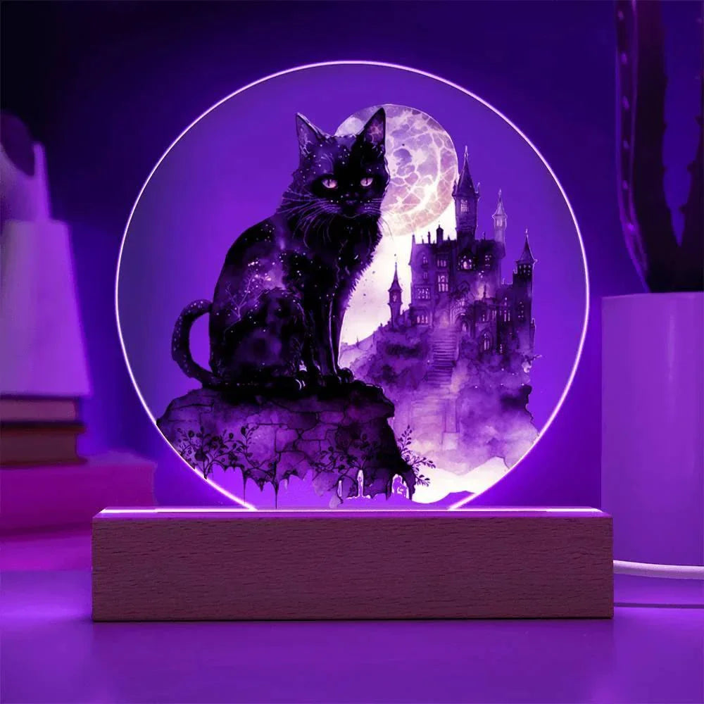 All Hallow's Black Cat Silhouette Acrylic Plaque Halloween Decor with Lighted LED Wooden Base