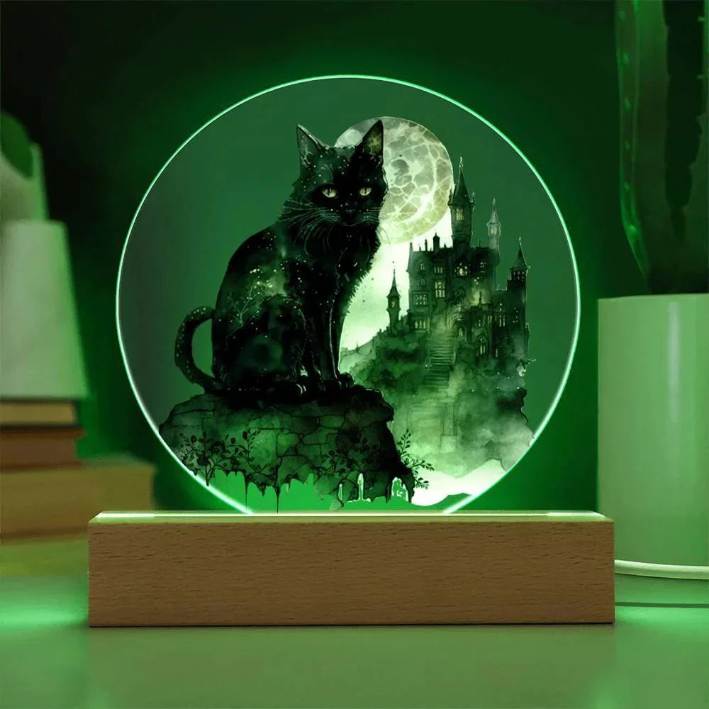 All Hallow's Black Cat Silhouette Acrylic Plaque Halloween Decor with Lighted LED Wooden Base