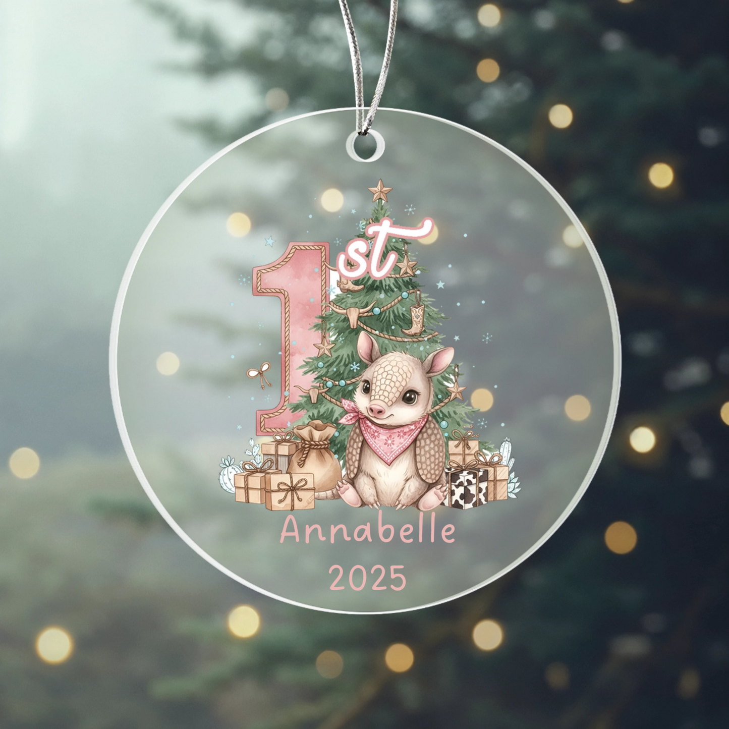 Baby's First Christmas Acrylic Ornament – Personalized Name and Year – Cute Armadillo Western Holiday Keepsake – 3” Clear Round Ornament for Newborns, Infants