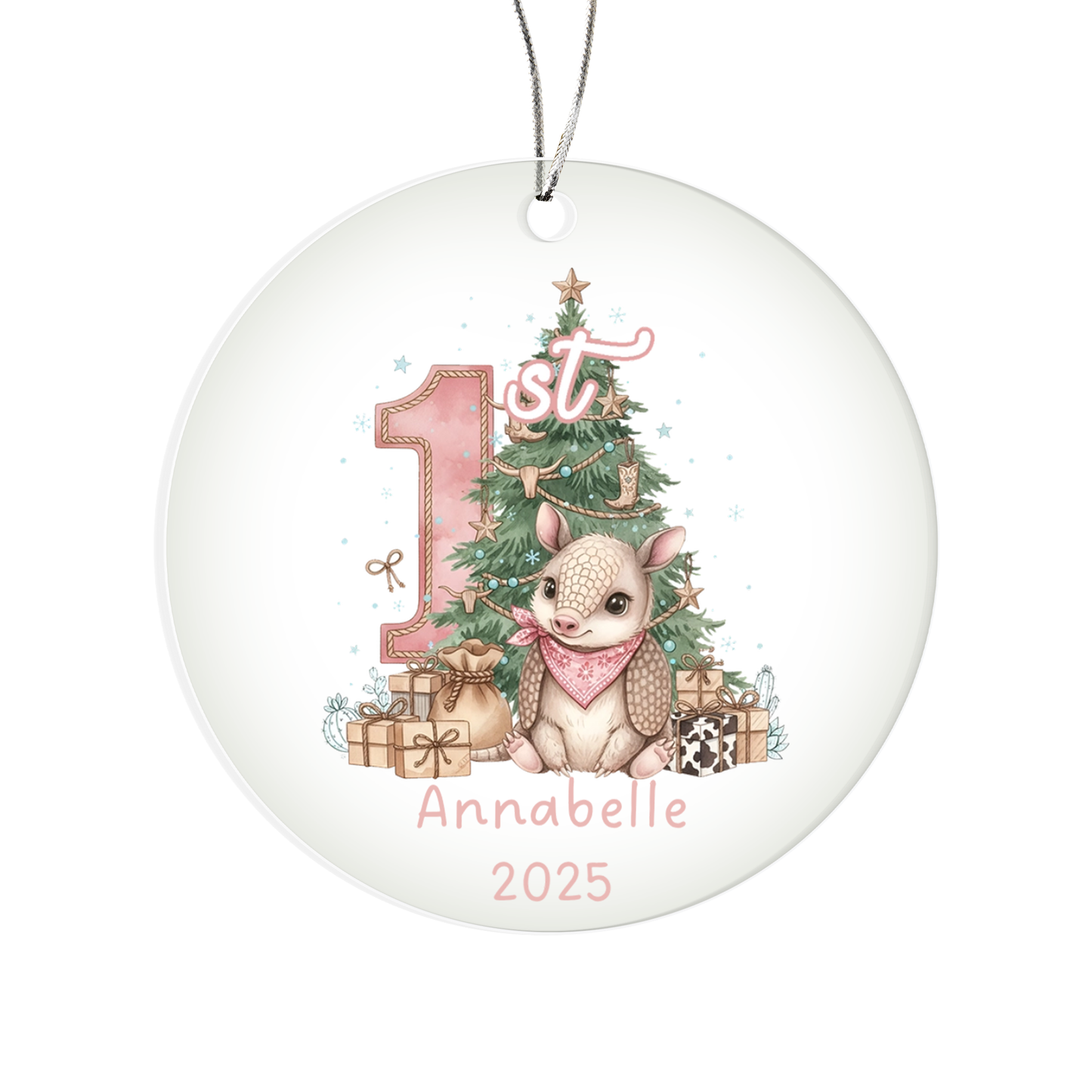 Baby's First Christmas Acrylic Ornament – Personalized Name and Year – Cute Armadillo Western Holiday Keepsake – 3” Clear Round Ornament for Newborns, Infants
