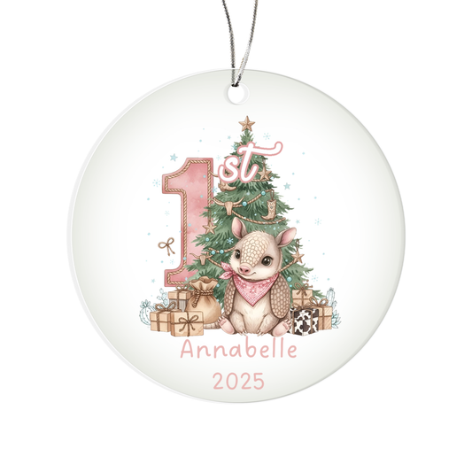 Baby's First Christmas Acrylic Ornament – Personalized Name and Year – Cute Armadillo Western Holiday Keepsake – 3” Clear Round Ornament for Newborns, Infants