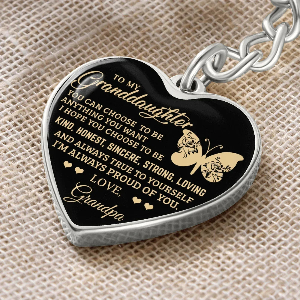 To My Granddaughter – Graphic Heart Keychain from Grandpa | Inspirational Personalized Gift with Butterfly Design