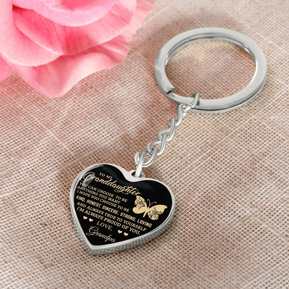 To My Granddaughter – Graphic Heart Keychain from Grandpa | Inspirational Personalized Gift with Butterfly Design