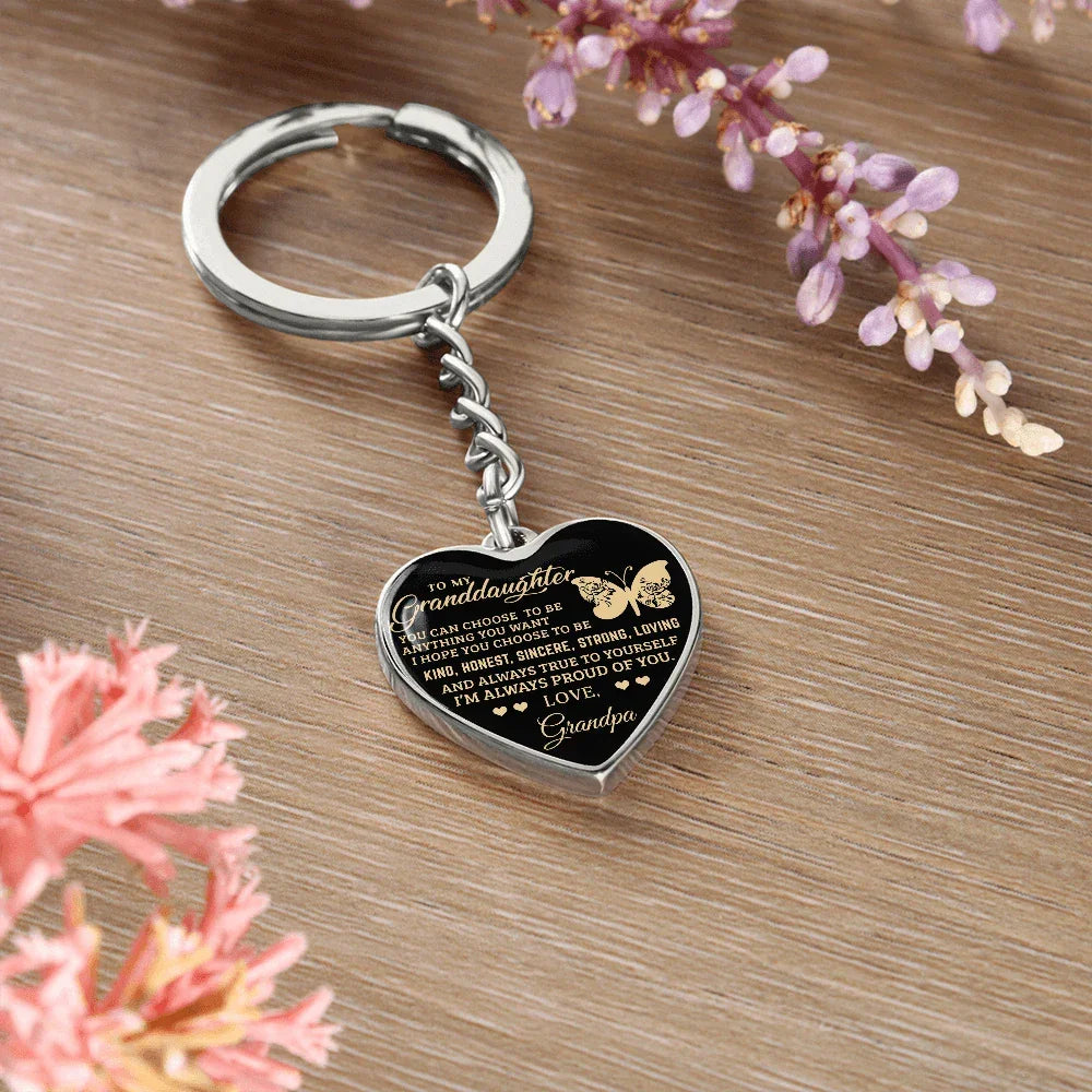 To My Granddaughter – Graphic Heart Keychain from Grandpa | Inspirational Personalized Gift with Butterfly Design