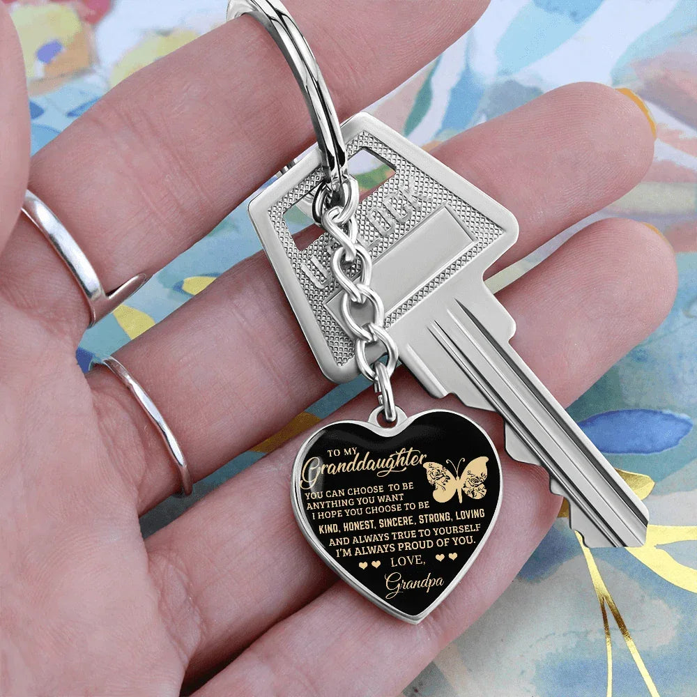 To My Granddaughter – Graphic Heart Keychain from Grandpa | Inspirational Personalized Gift with Butterfly Design