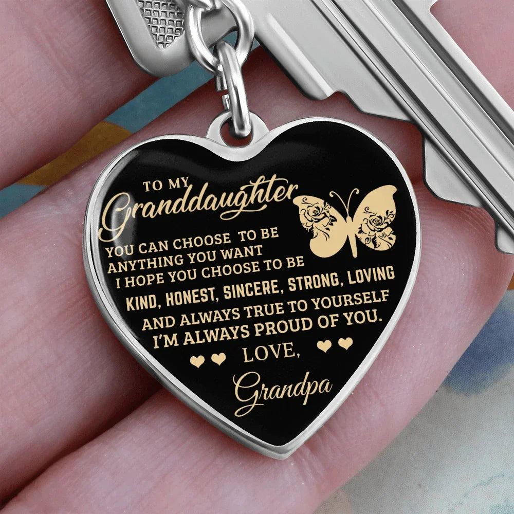 To My Granddaughter – Graphic Heart Keychain from Grandpa | Inspirational Personalized Gift with Butterfly Design