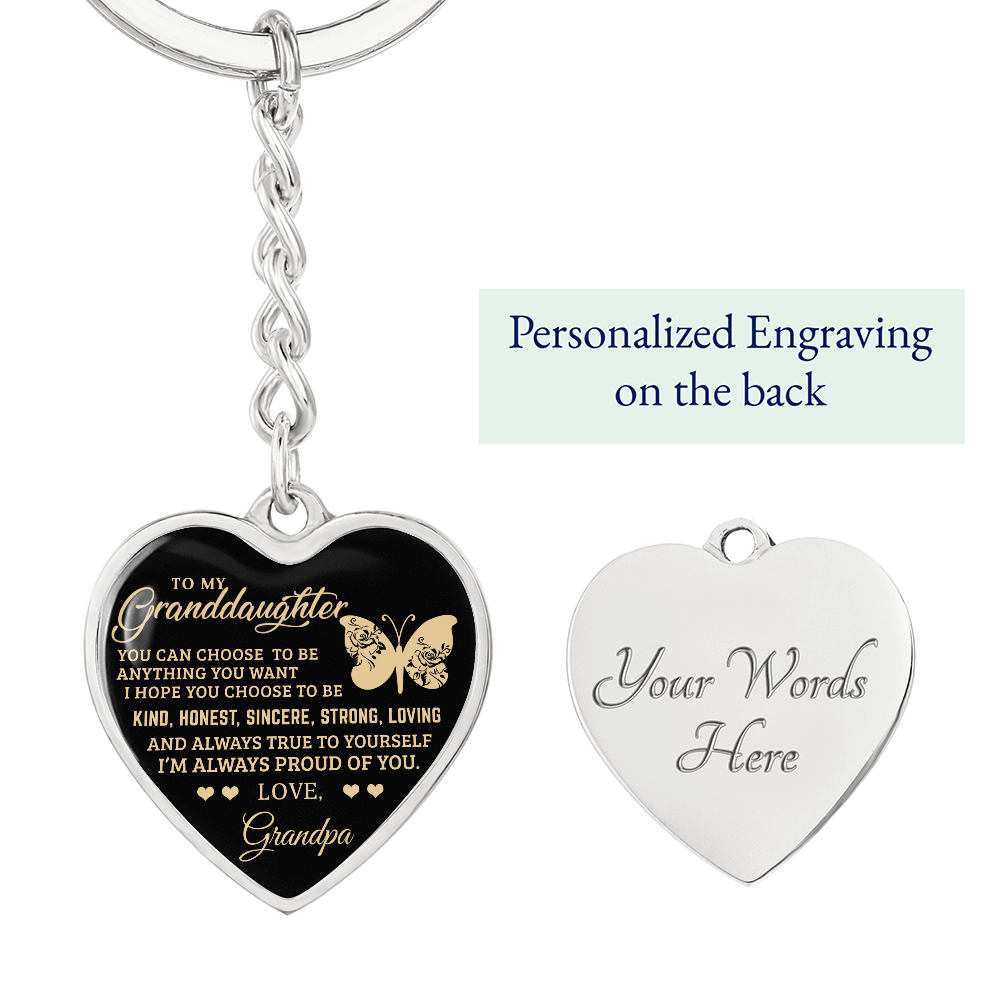 To My Granddaughter – Graphic Heart Keychain from Grandpa | Inspirational Personalized Gift with Butterfly Design - Mallard Moon Gift Shop