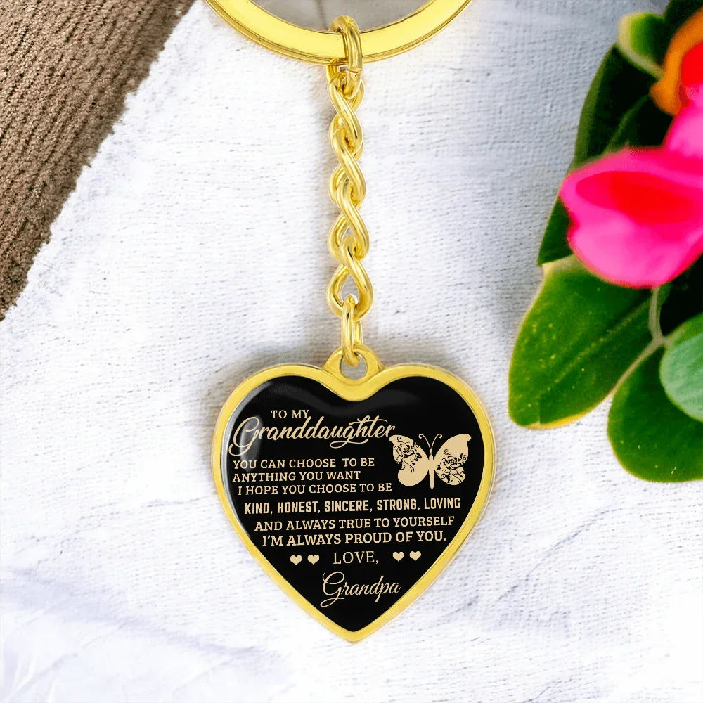 To My Granddaughter – Graphic Heart Keychain from Grandpa | Inspirational Personalized Gift with Butterfly Design