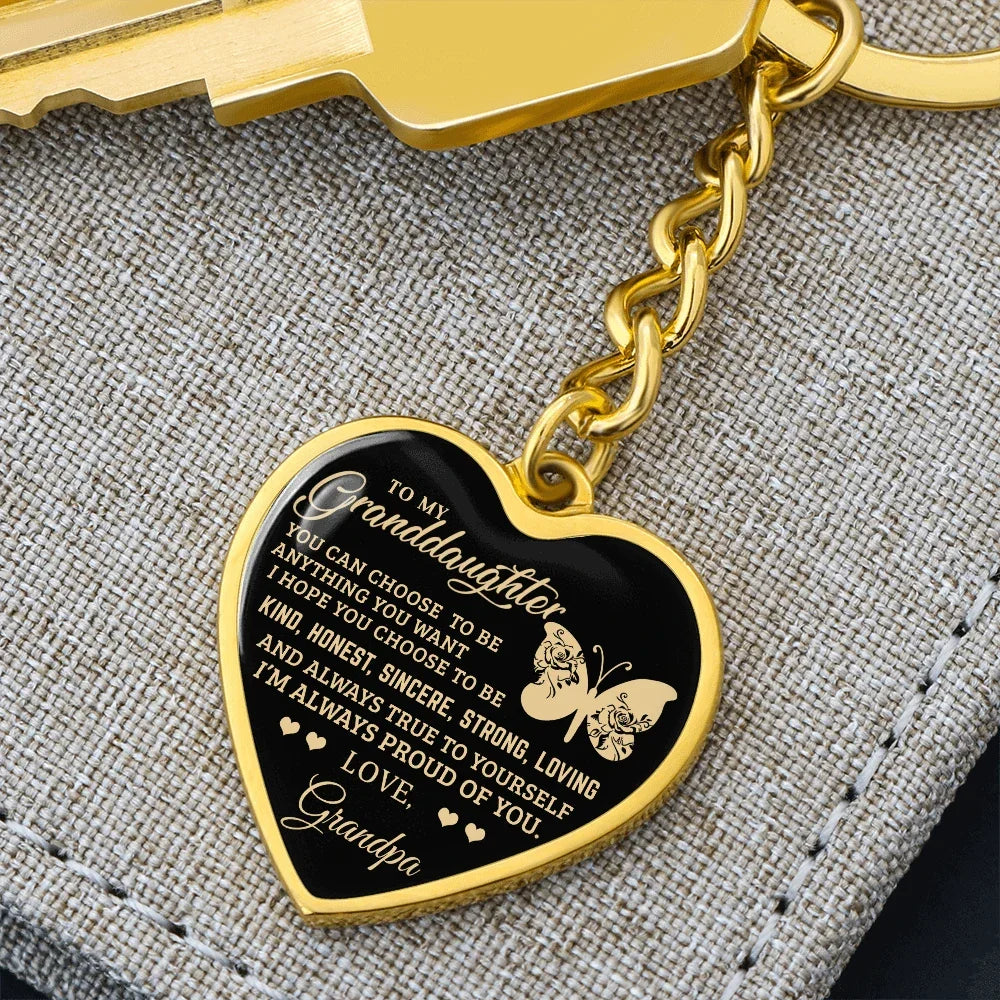To My Granddaughter – Graphic Heart Keychain from Grandpa | Inspirational Personalized Gift with Butterfly Design