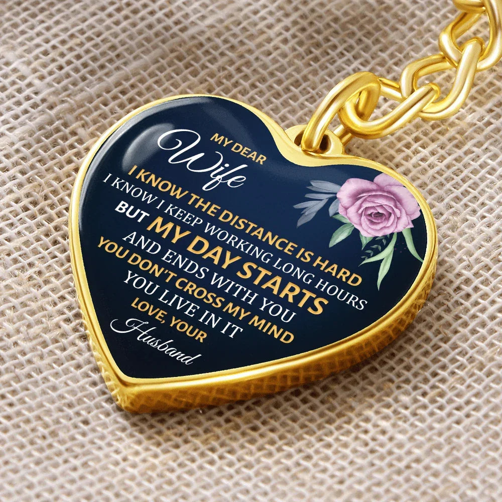 My Dear Wife Heart Keychain – Long Distance Husband Message Gift – Romantic Engraved Keepsake