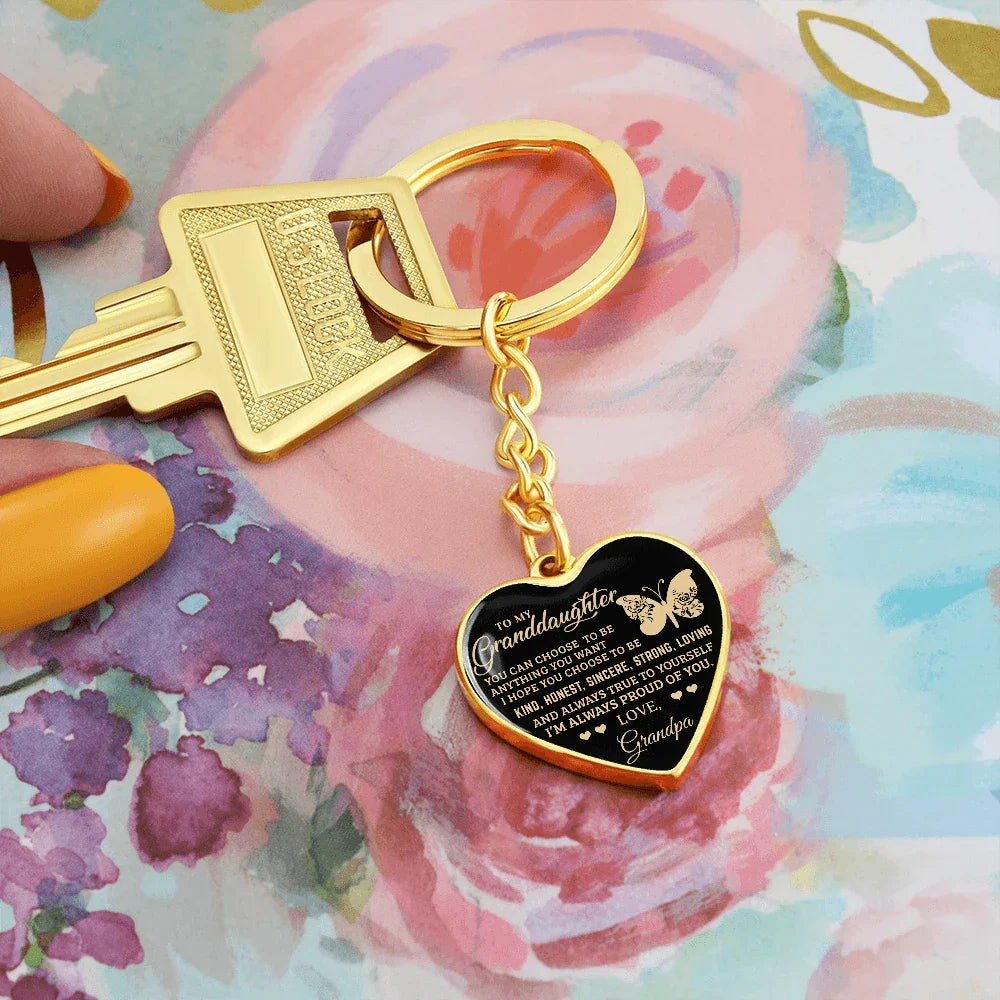 To My Granddaughter – Graphic Heart Keychain from Grandpa | Inspirational Personalized Gift with Butterfly Design