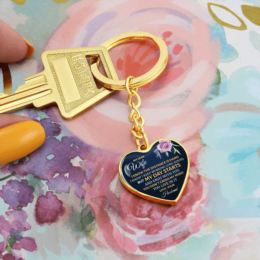 My Dear Wife Heart Keychain – Long Distance Husband Message Gift – Romantic Engraved Keepsake
