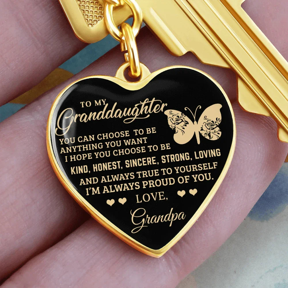 To My Granddaughter – Graphic Heart Keychain from Grandpa | Inspirational Personalized Gift with Butterfly Design