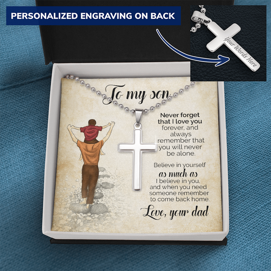 To My Son – Personalized Cross Necklace from Dad | Engraved Stainless Steel Faith Pendant Gift for Son