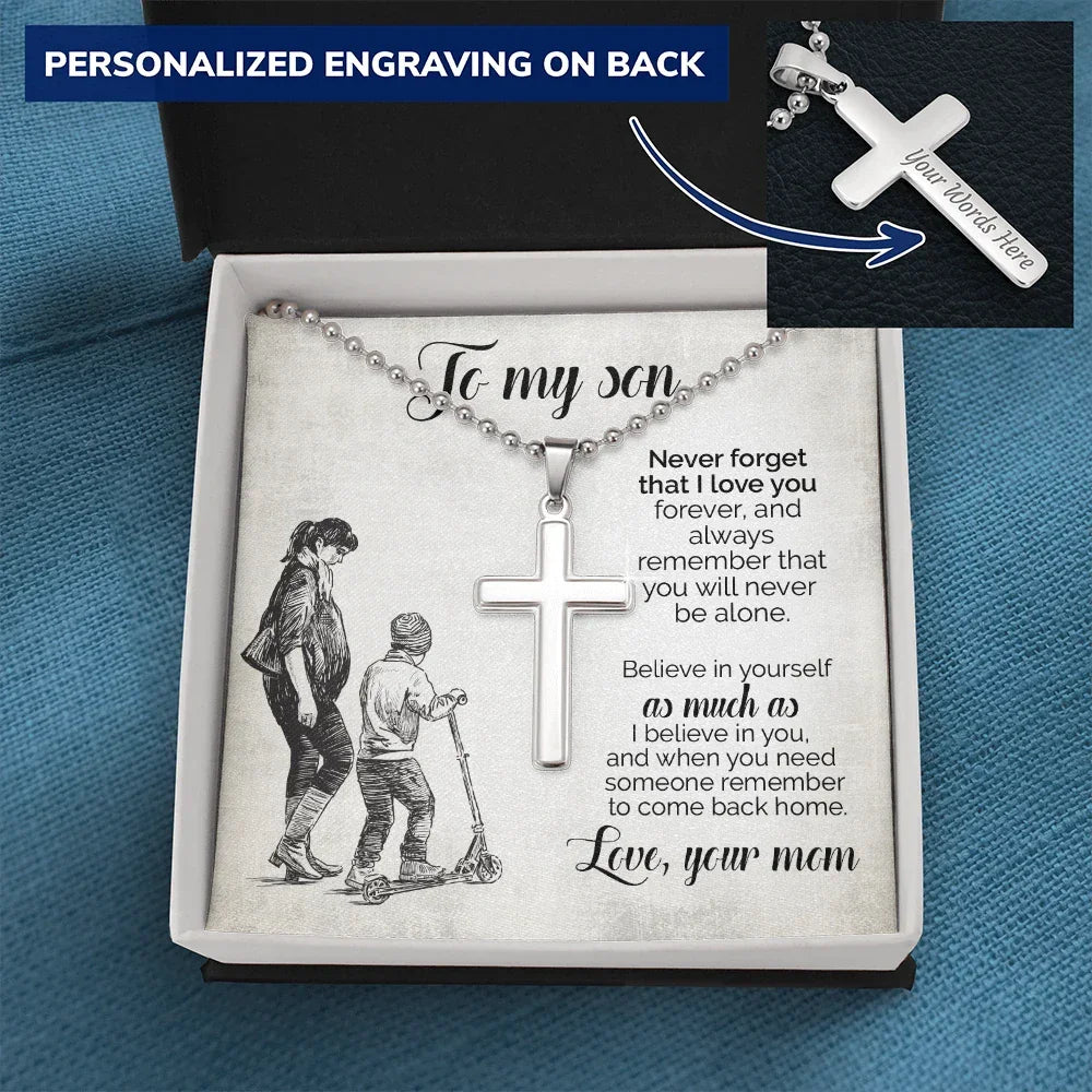 To My Son – Personalized Cross Necklace from Mom | Stainless Steel Faith Pendant with Engraved Back and Message Card