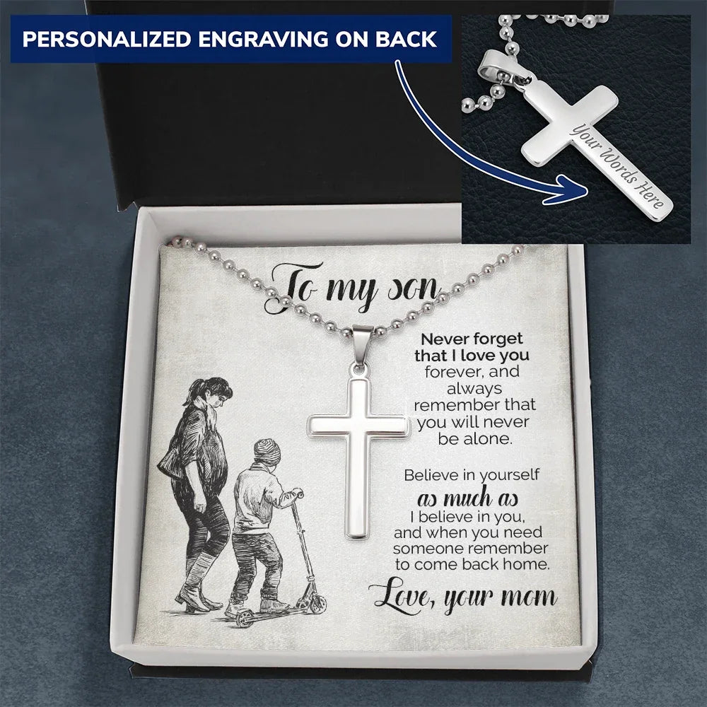 To My Son – Personalized Cross Necklace from Mom | Stainless Steel Faith Pendant with Engraved Back and Message Card