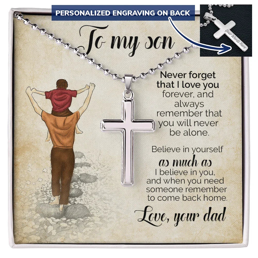 To My Son – Personalized Cross Necklace from Dad | Engraved Stainless Steel Faith Pendant Gift for Son
